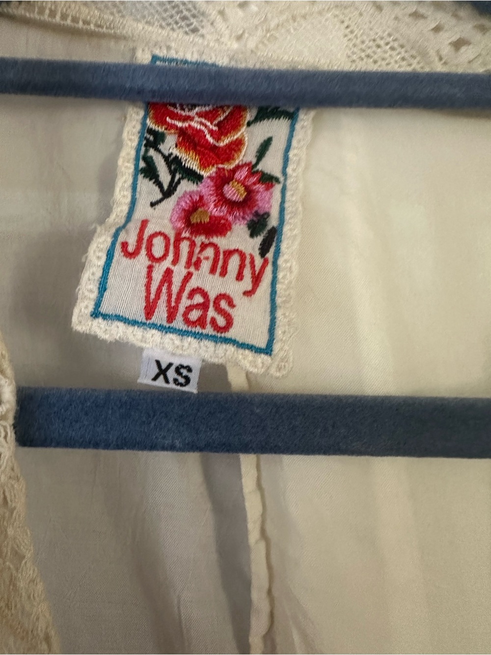 Johnny Was Cream Blouse with Red & Pink Floral Embroidered Label